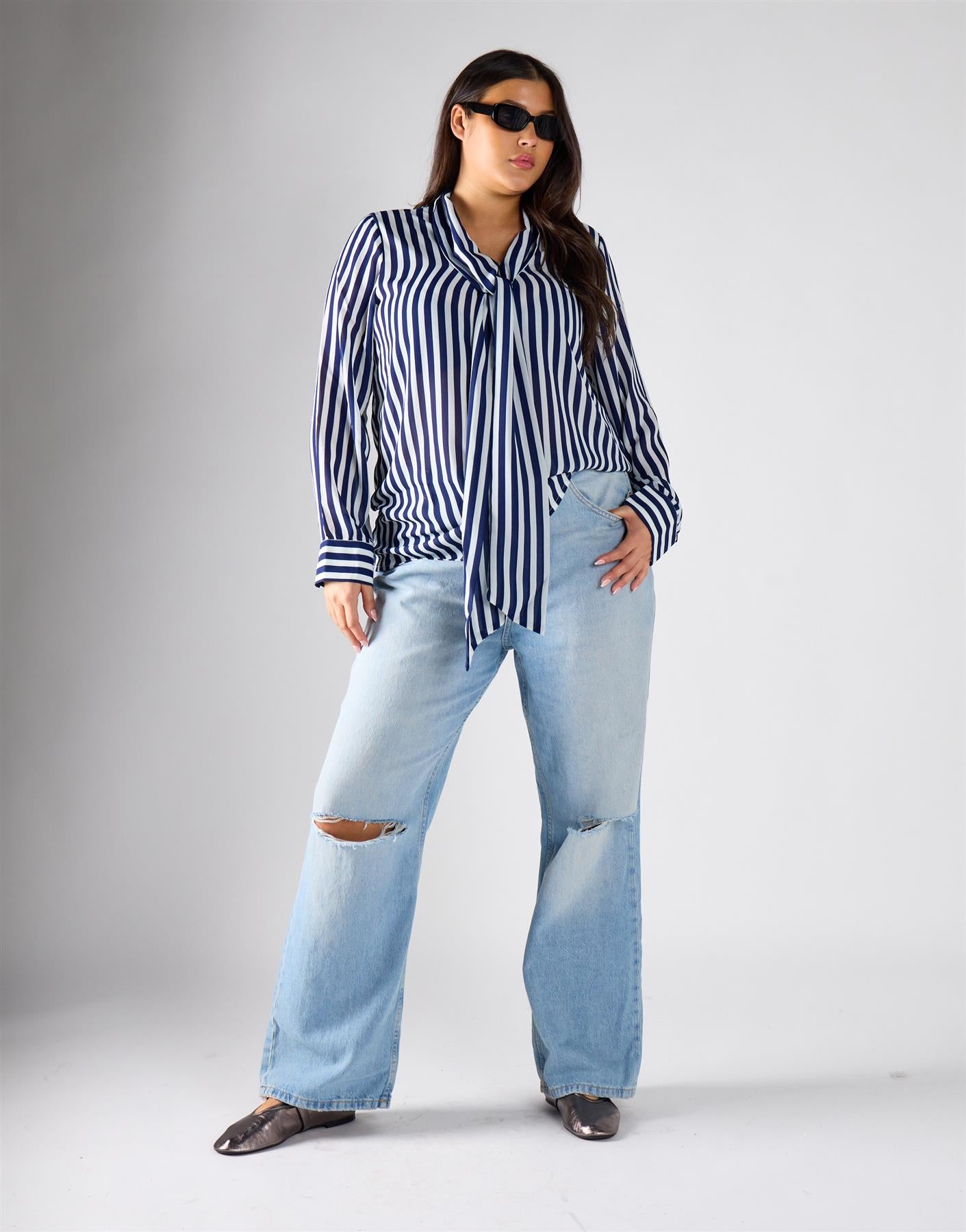 Navy Cream Stripe Bow-Collar Blouse