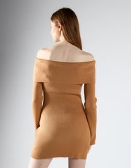 Tan Bardot Knitted Mini Dress