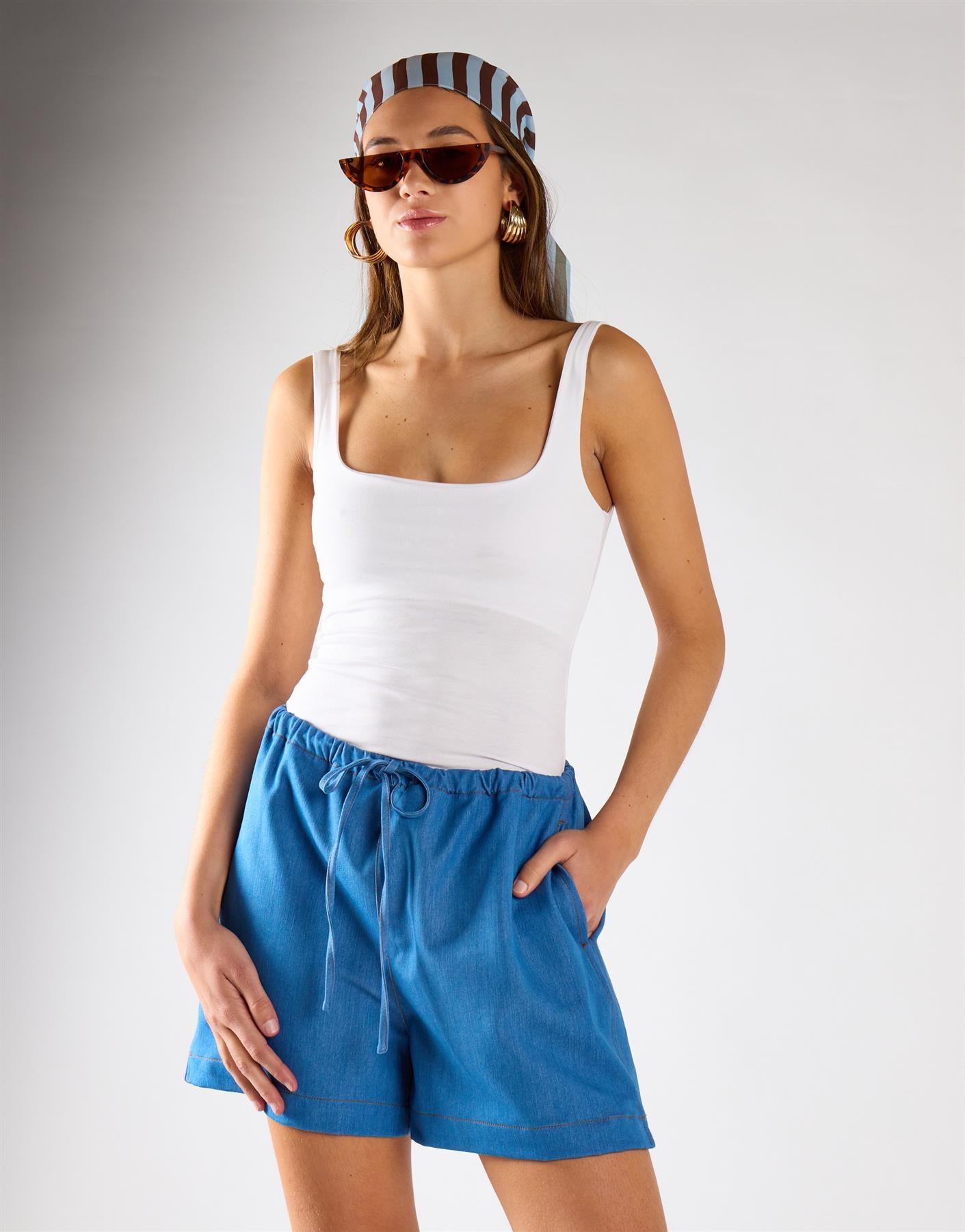 Washed Blue Tie-Waist Shorts