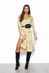 Ochre Shimmer Long Sleeve Midi Shirt Dress with Side Splits