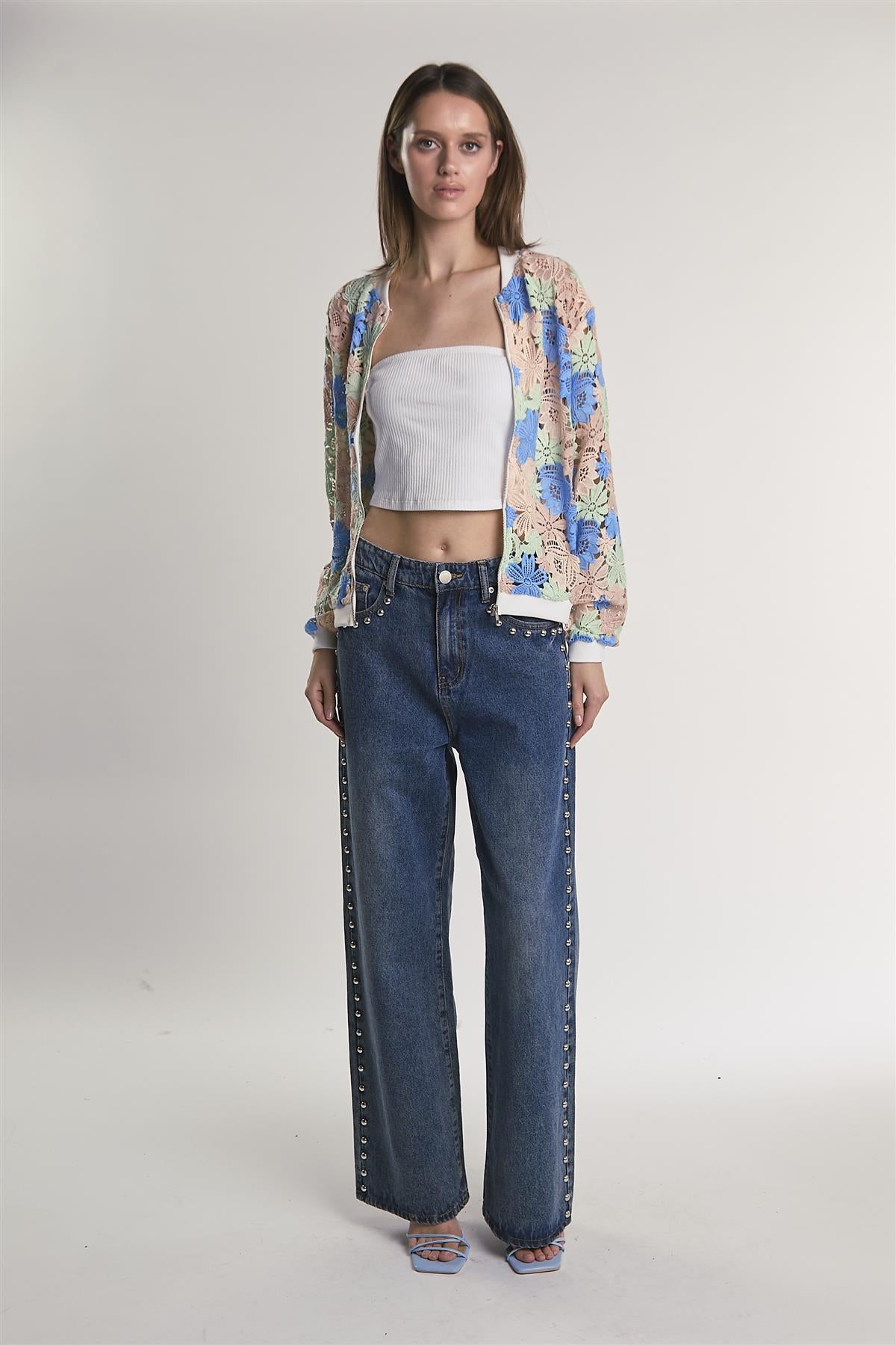 Blue-Nude-Green-Rose Cutwork Zip-up-Jacket
