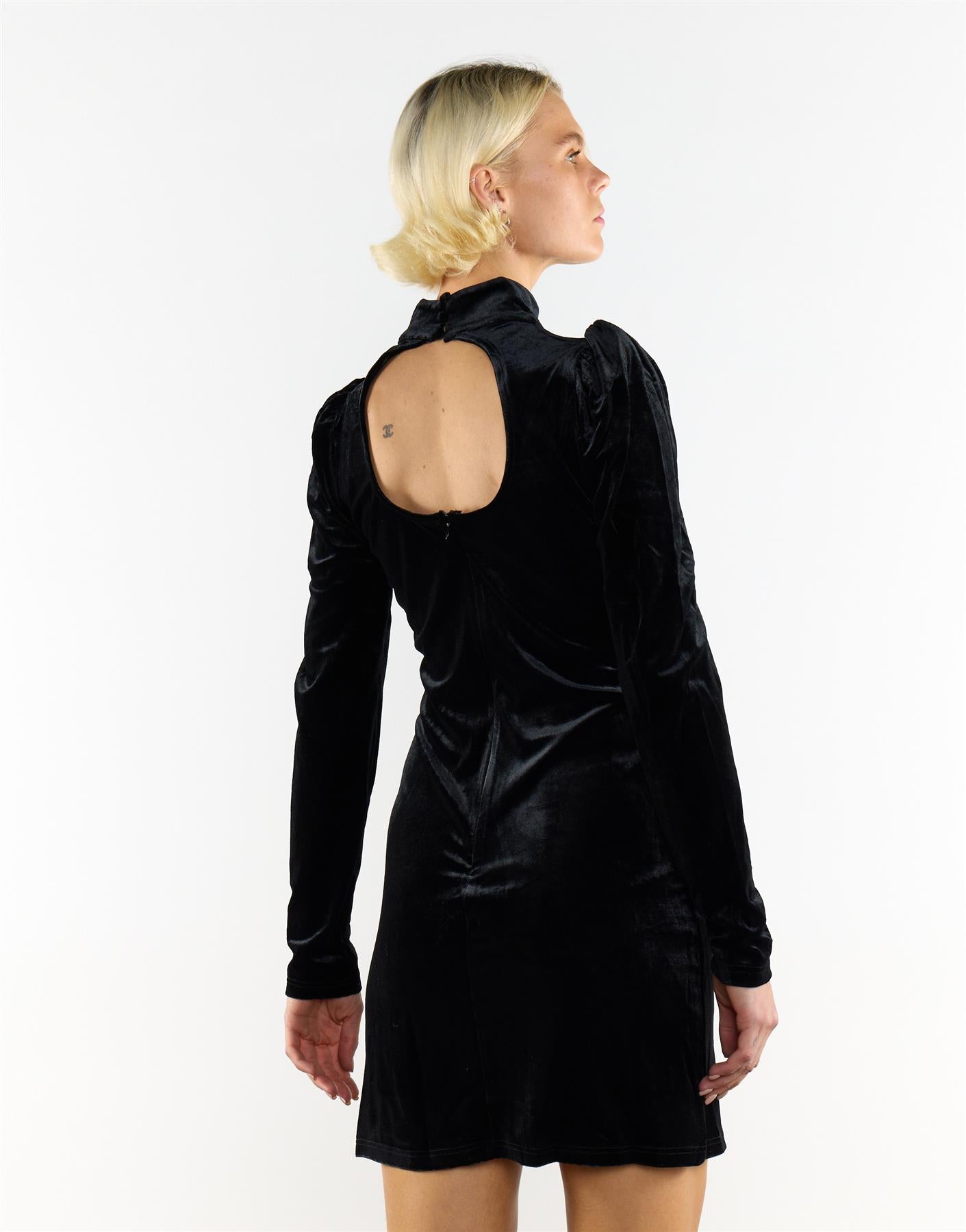 Glamorous Black Velvet Puff Shoulder Long Sleeve Mini Dress