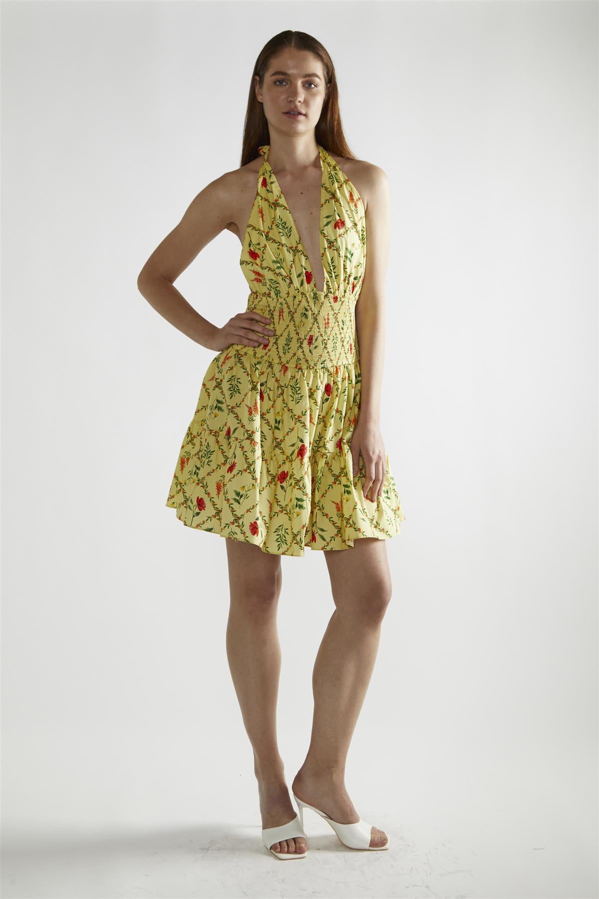Yellow Floral-Lattice Halter-Neck Mini-Dress