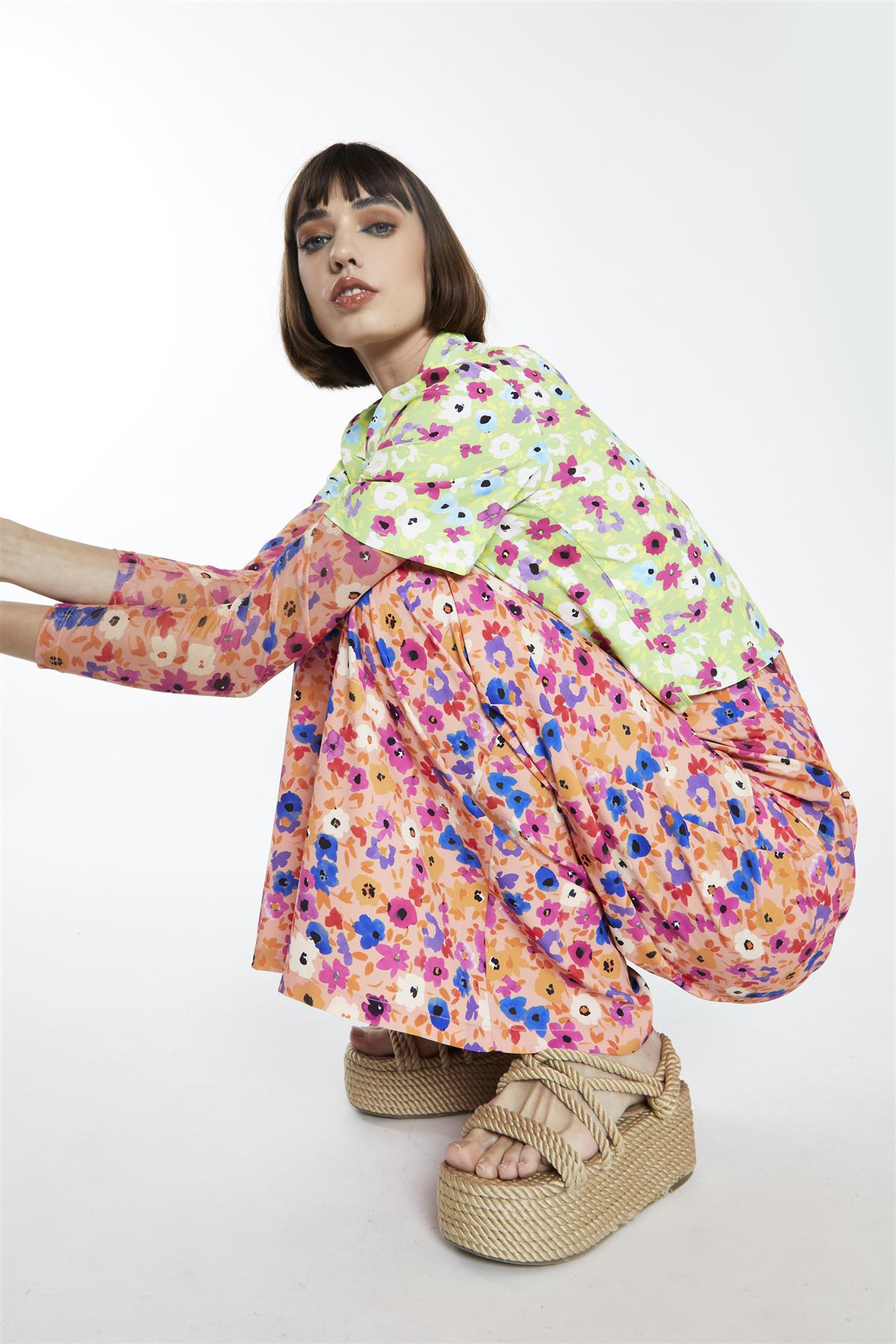 Multi Orange Floral High-Waist Loose-Trousers