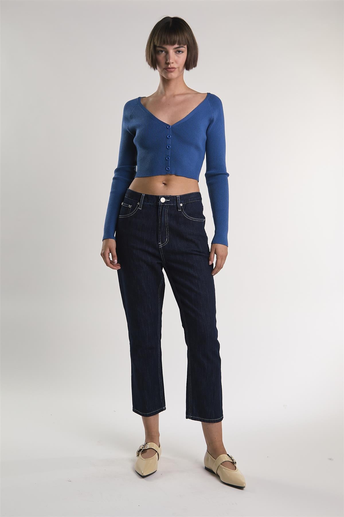 Legion-Blue Ribbed-Long-Sleeve Crop-Top
