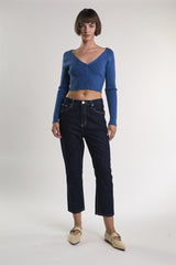 Legion-Blue Ribbed-Long-Sleeve Crop-Top