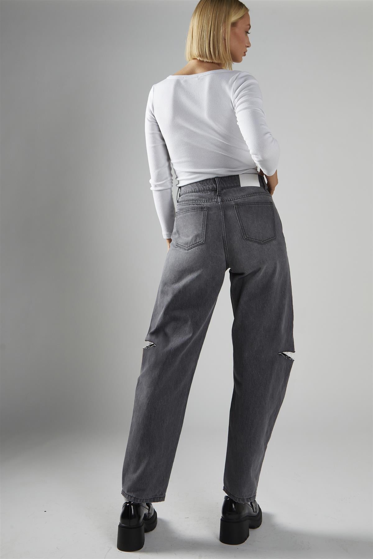 Dark Grey Wash Ripped Straight Jeans