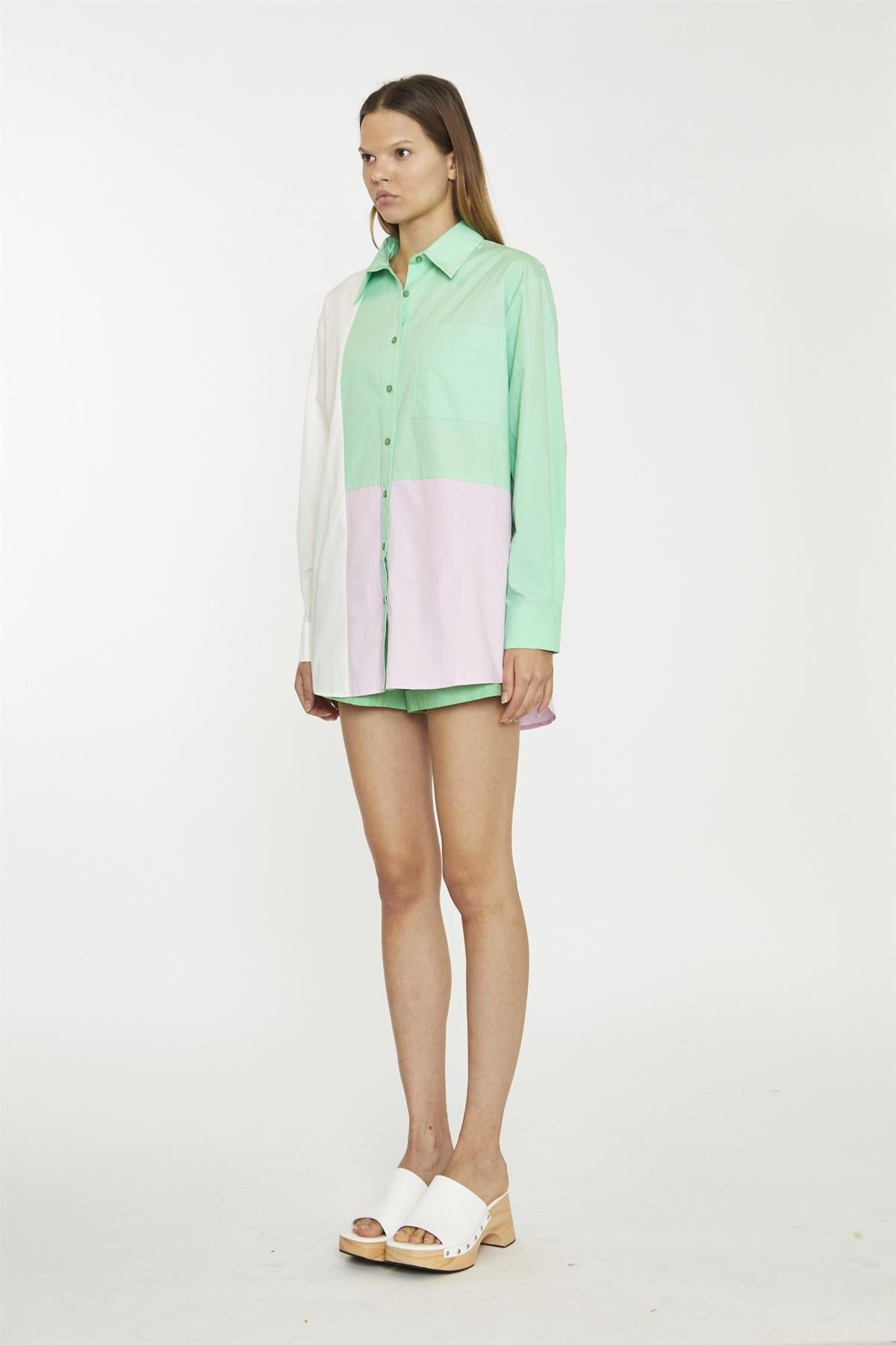 White Green Pink Colour Block Long-Sleeve Top