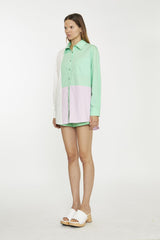 White Green Pink Colour Block Long-Sleeve Top