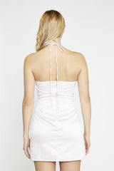 Marshmallow-Pink 3D-Corsage-Halterneck Mini-Dress