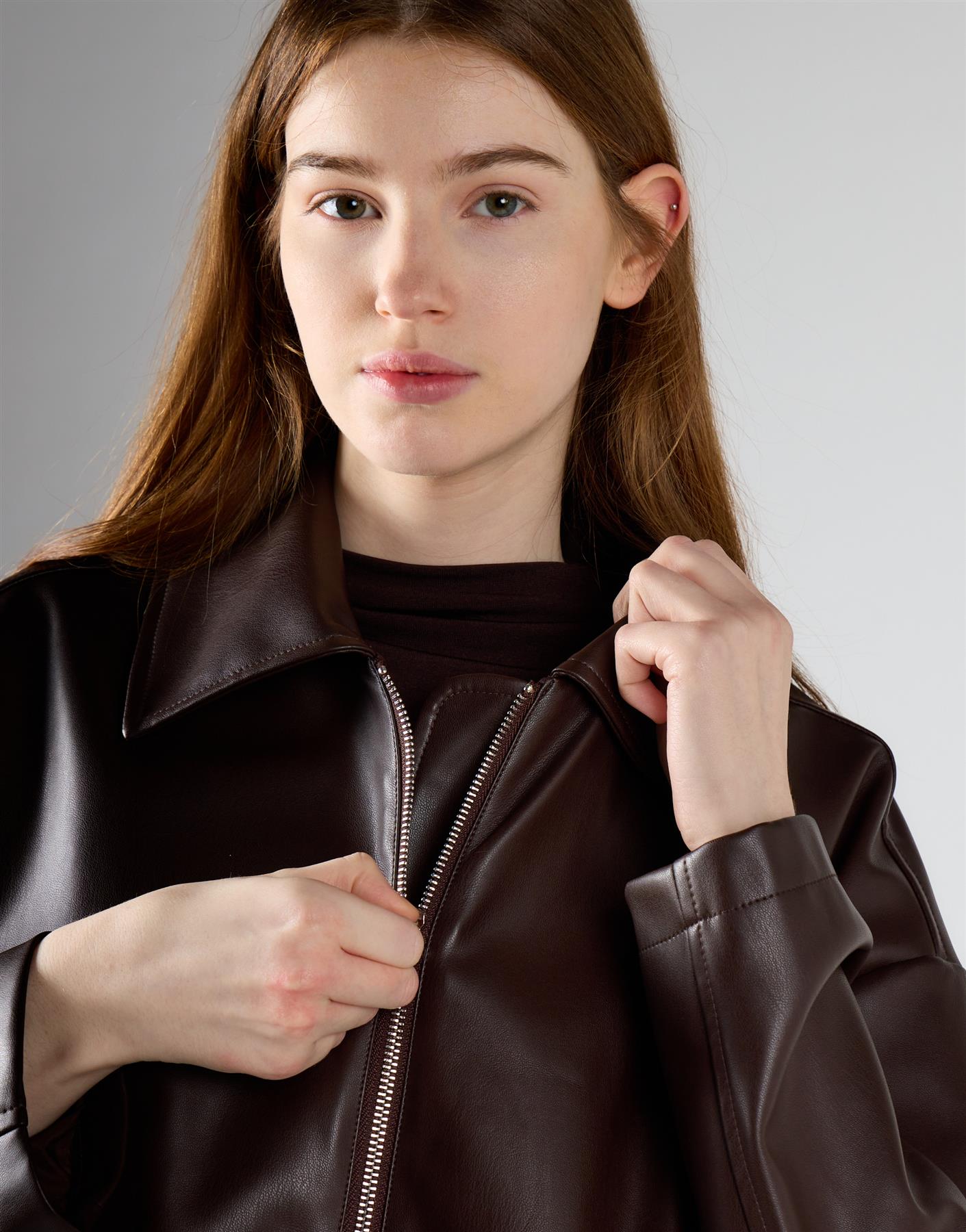 Brown Pu Zip Up Jacket