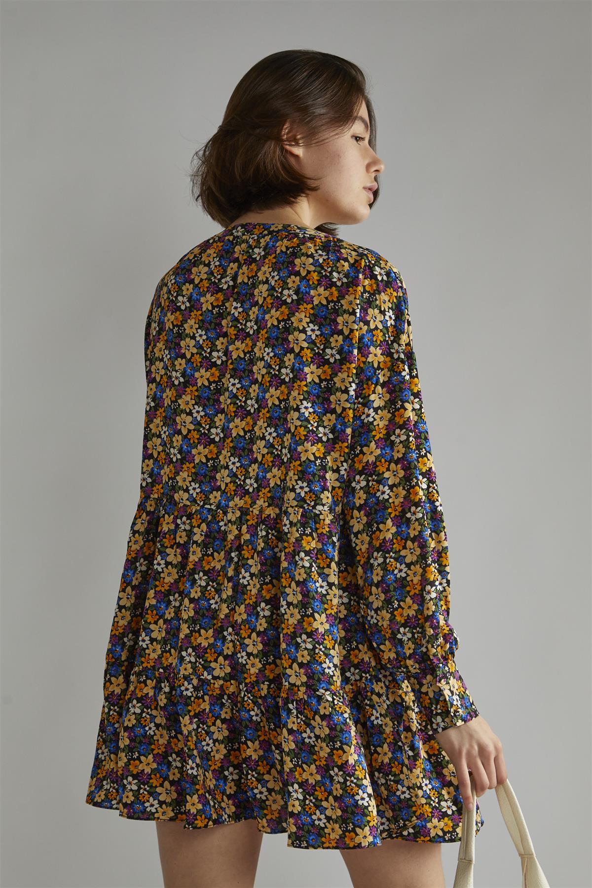 Tie Front Long Sleeve Mini Dress - Dark Floral