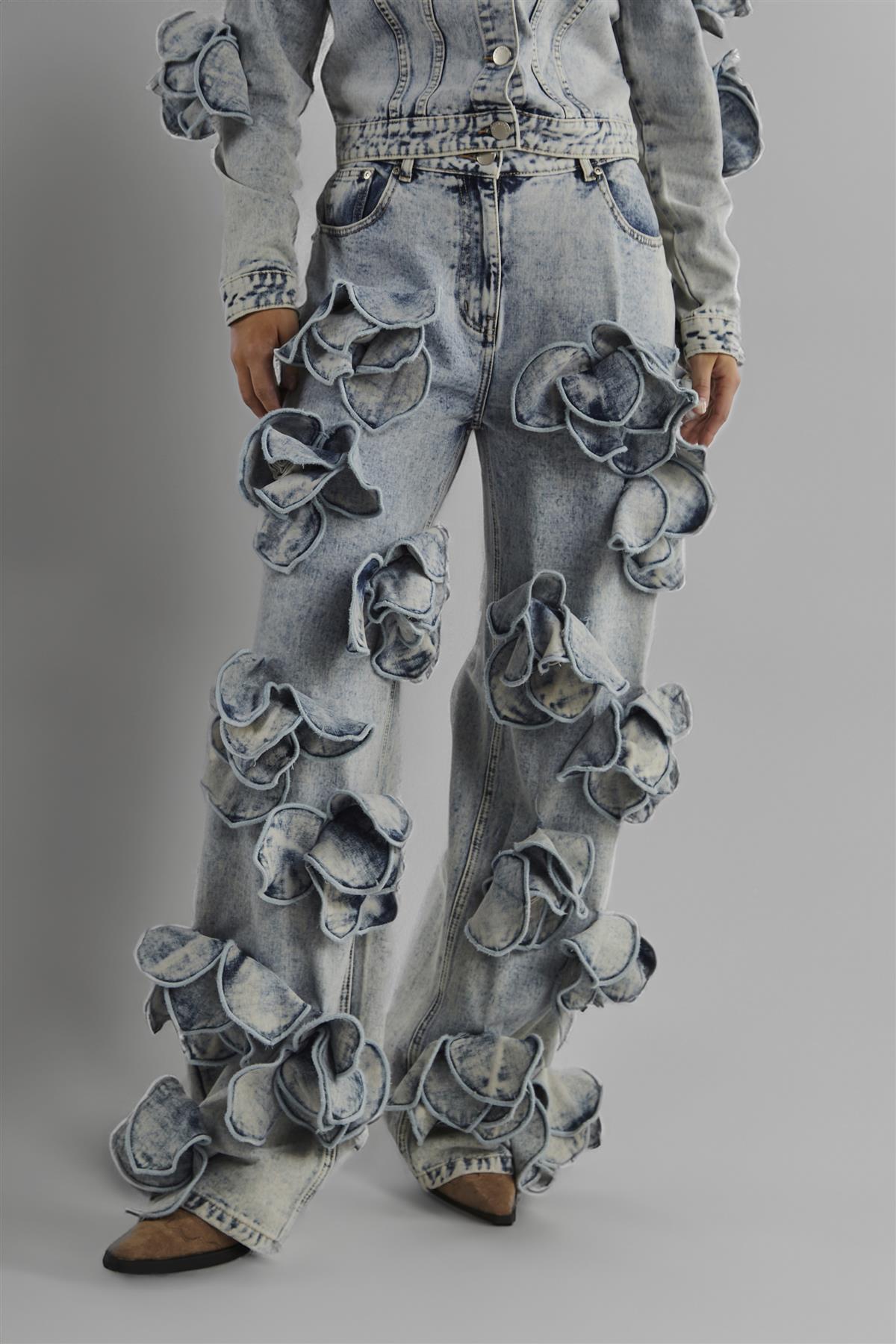 Acid Wash Flower Flared Jeans