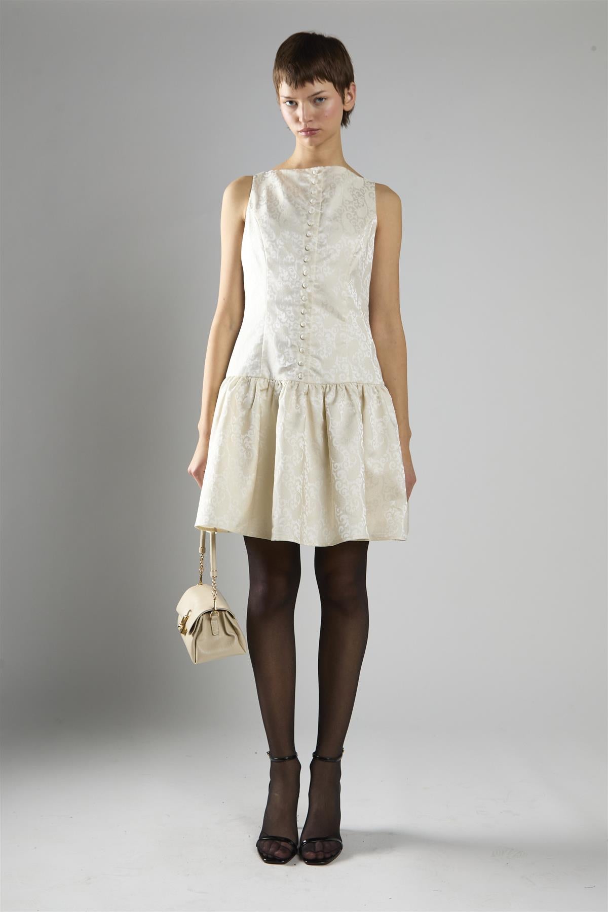 Cream Brocade Sleeveless Button-Front A-Line Dress