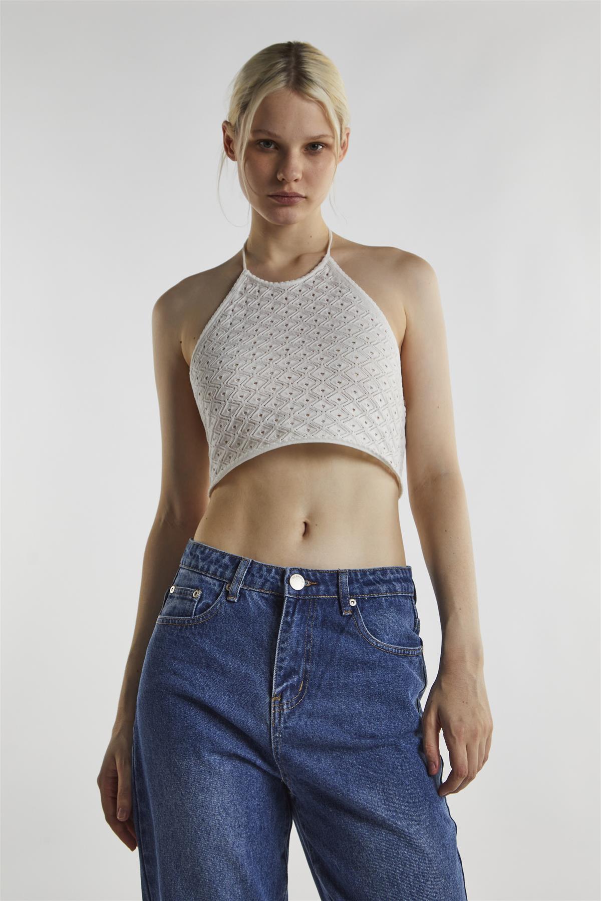 Off White Tie Neck Halter Crop-Top