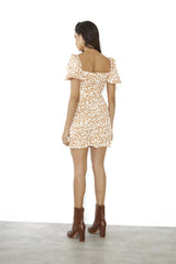 Orange-Sketchy-Flower Scoop-Neck-Short-Sleeve-Mini-Dresses