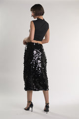 Black-Square-Sequin High-Waisted Midi-Skirt