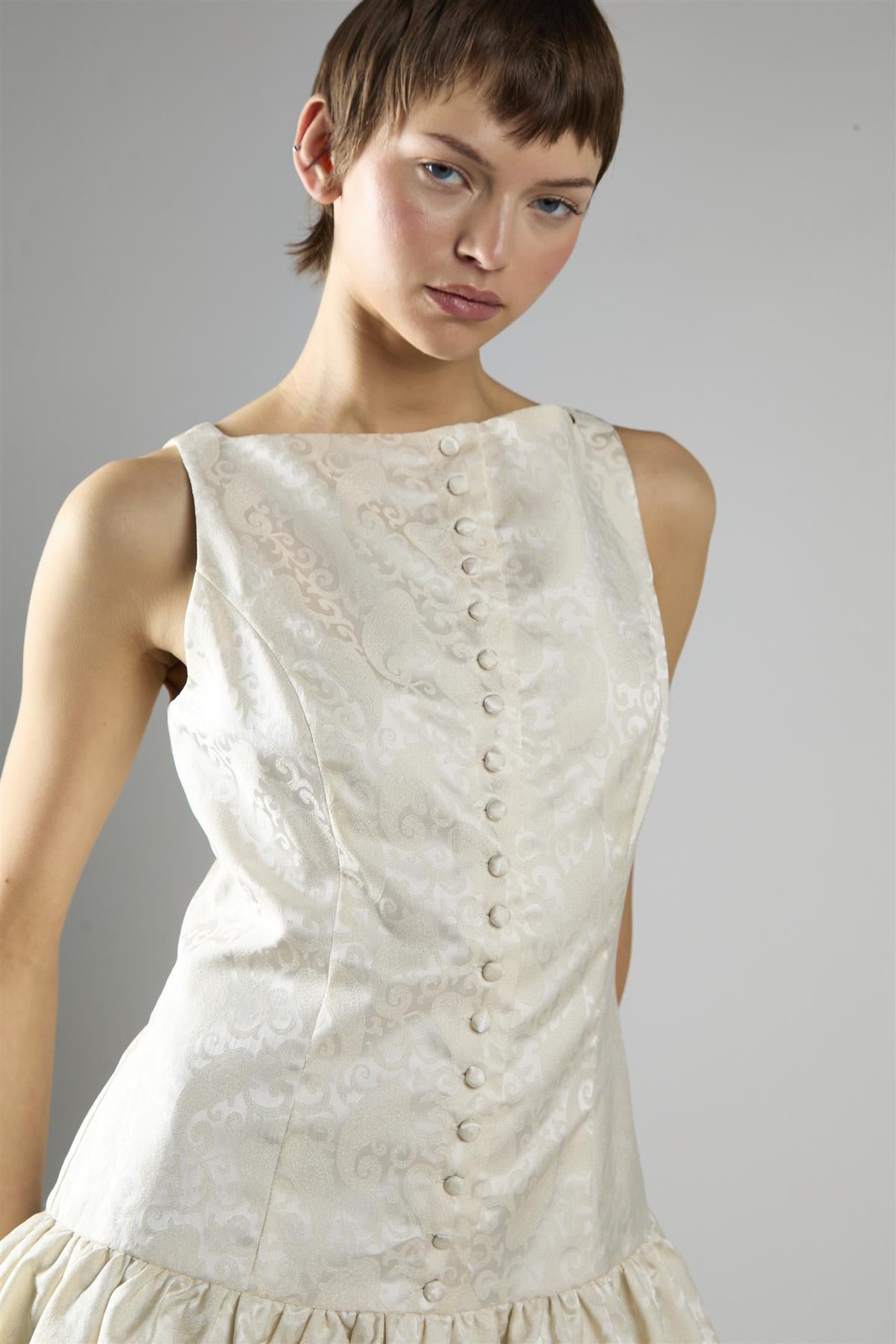Cream Brocade Sleeveless Button-Front A-Line Dress