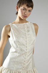 Cream Brocade Sleeveless Button-Front A-Line Dress