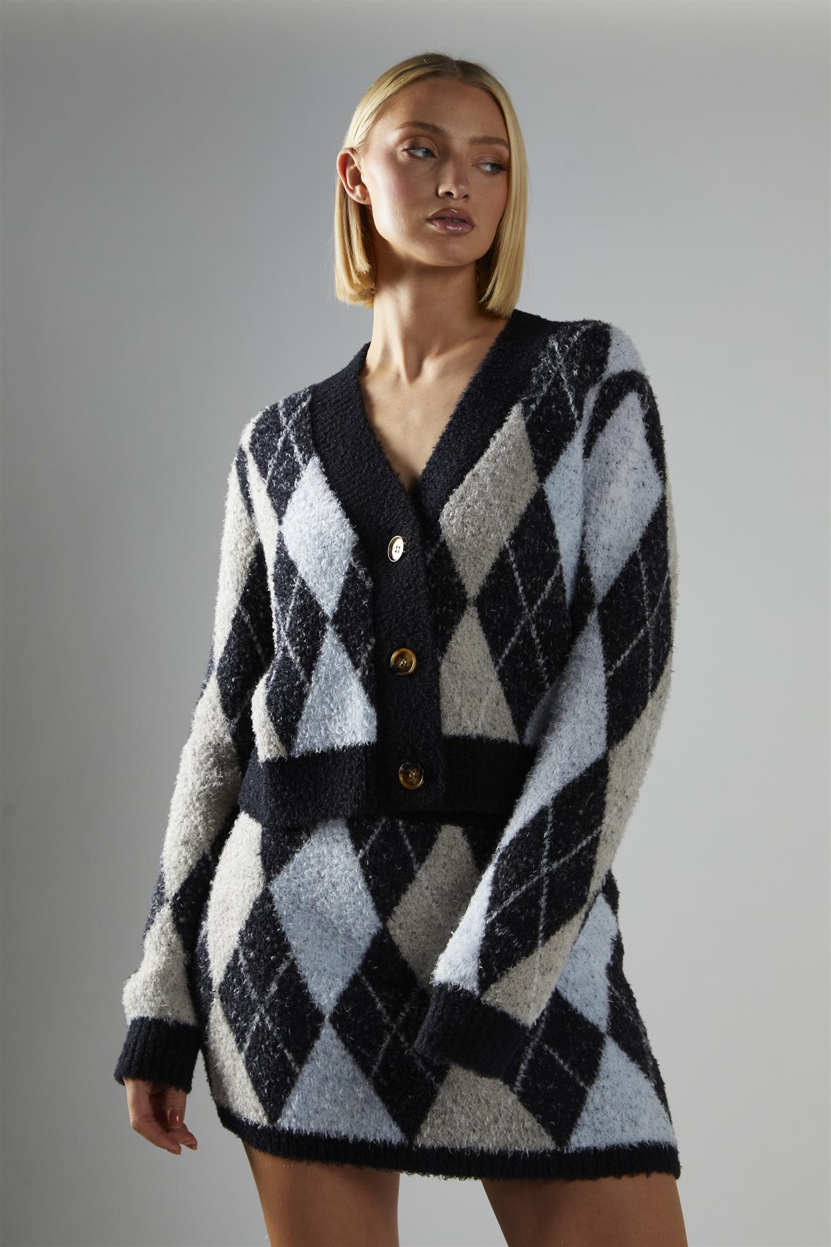 Black-Multi-Argyle Button-Down Cardigan