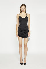 Black-Sateen Adjustable-Spaghetti-Straps Mini-Dresses