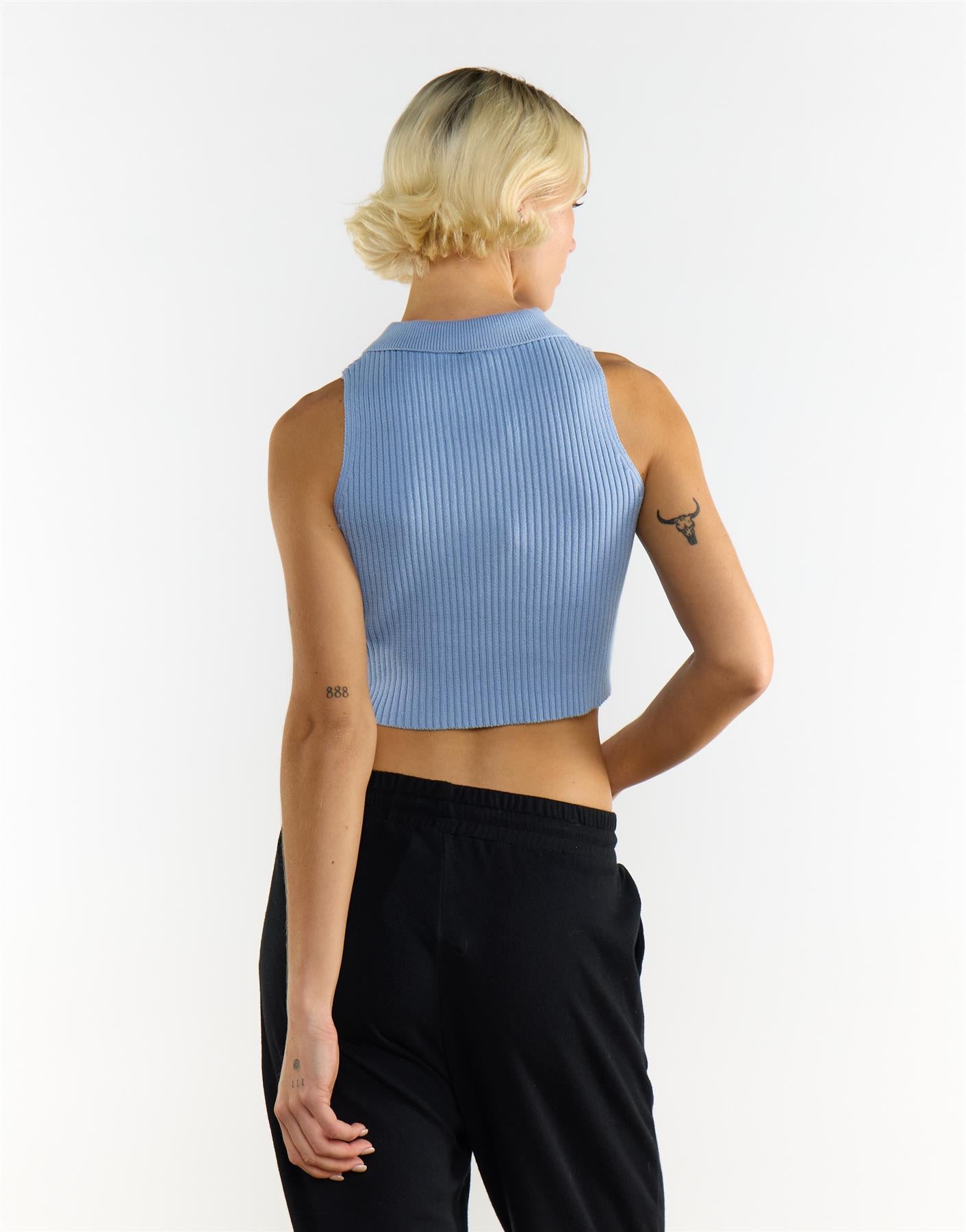 Knitted Light Blue Half Zip Sleeveless Crop Top