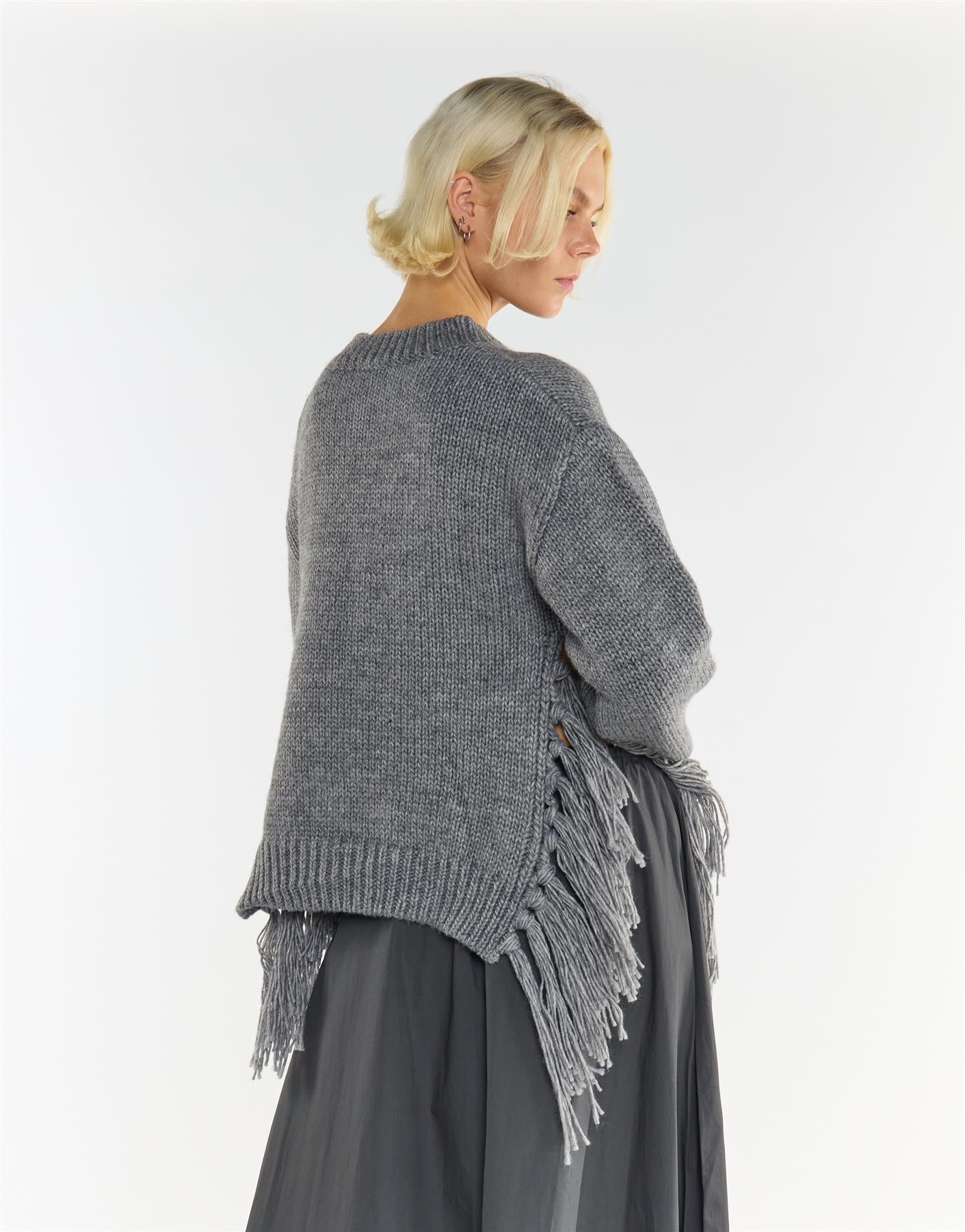Grey Marl Fringe Trim Crew-Neck Jumper
