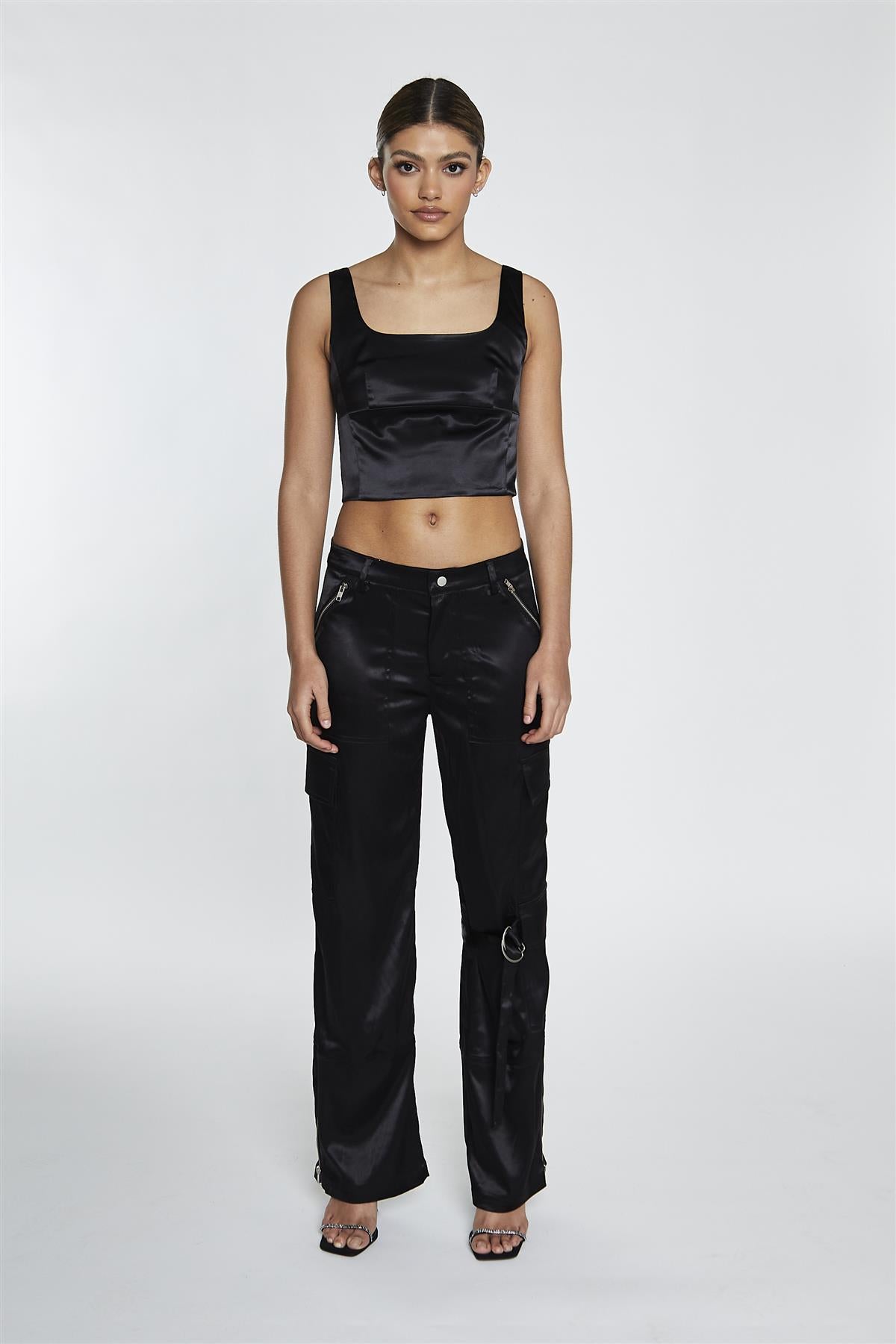 Black Satin D-Ring Detail Trousers