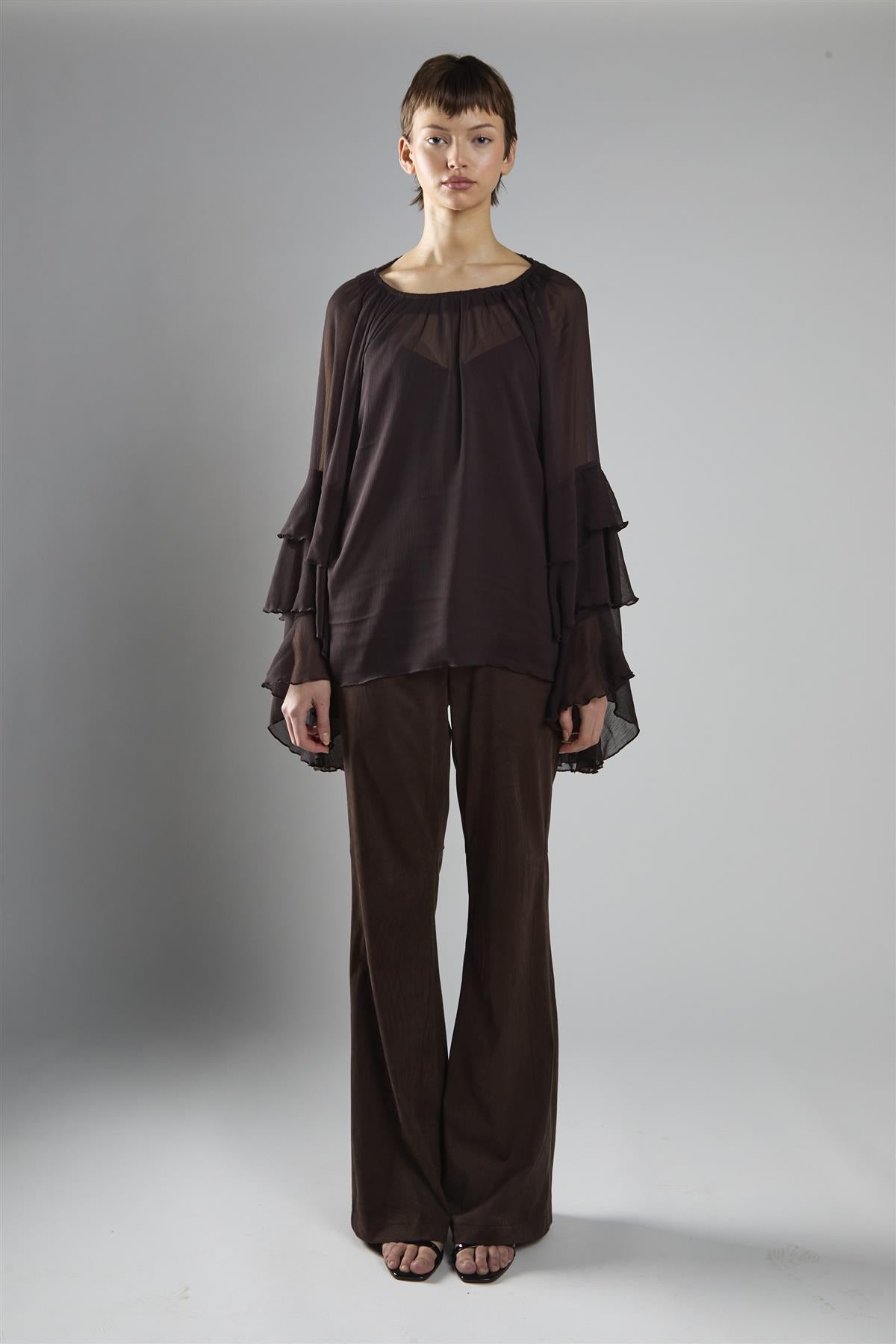 Deep Brown Multi Ruffle Long Sleeve Top