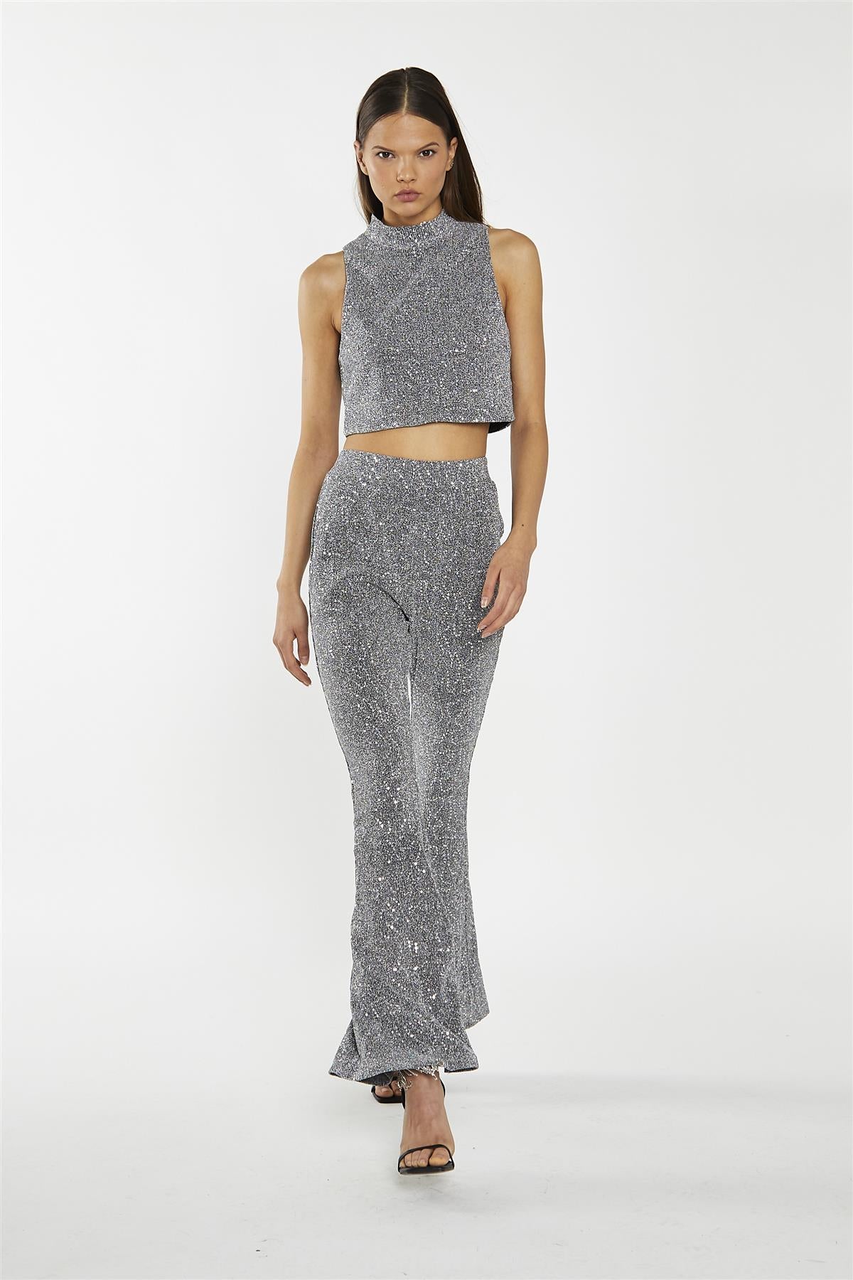 Silver-Sequin Plisse  Flared-Trousers