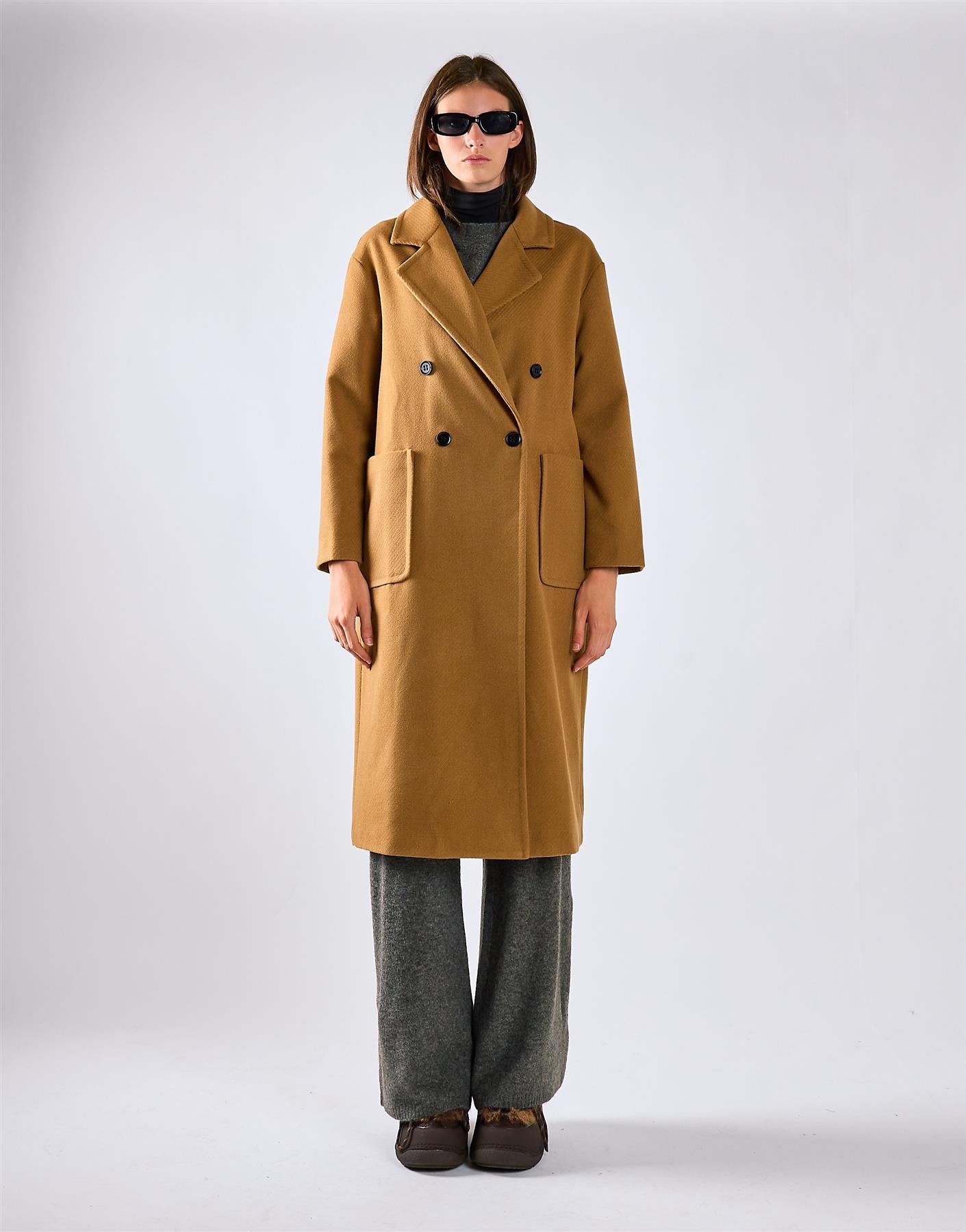 Camel Lapel Collar Midi Coat