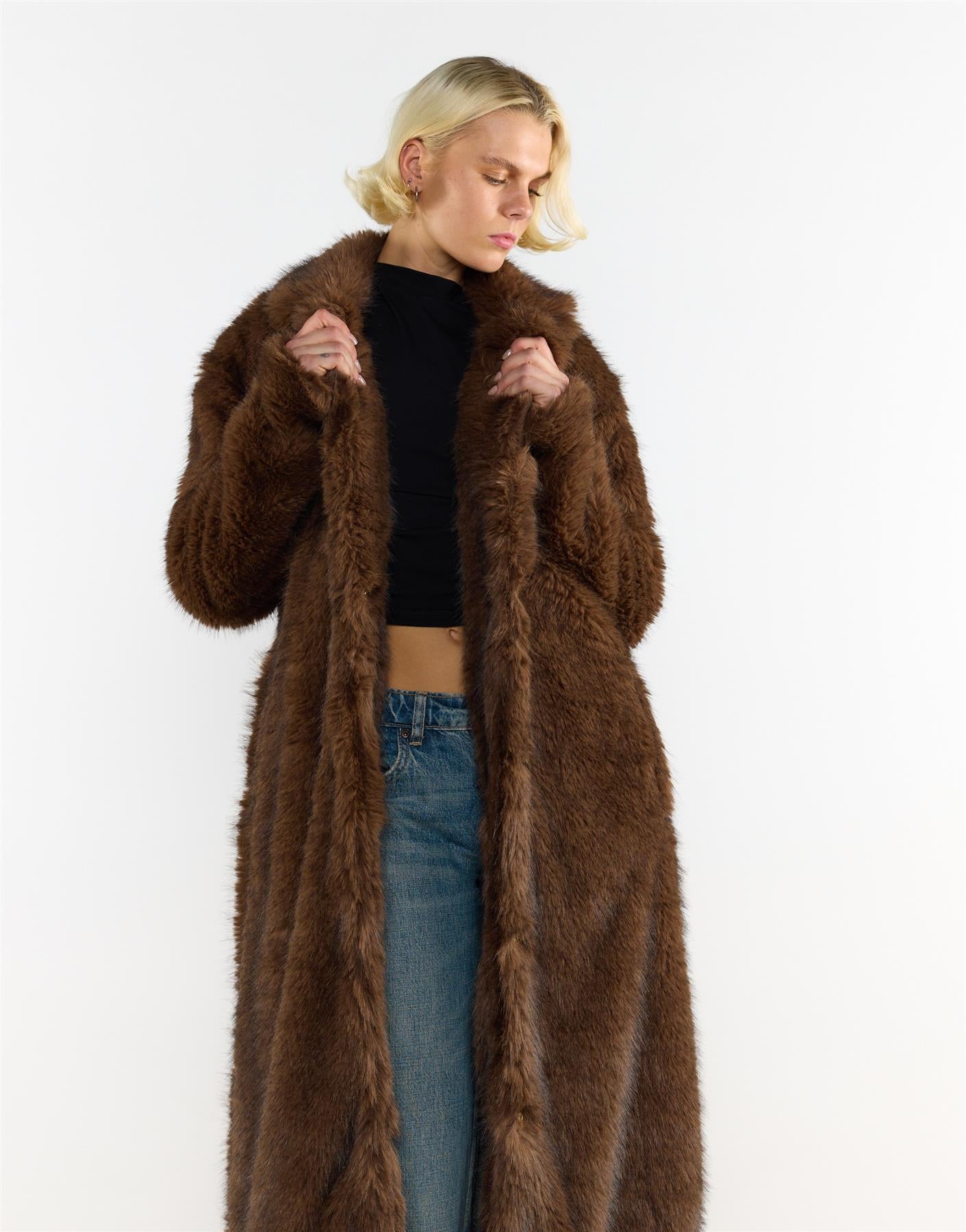Belted Faux Fur Longline Coat in Brown