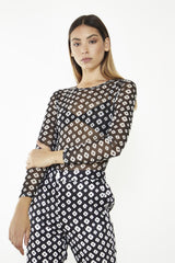 Mono-Geo-Flower-Mesh Long-Sleeve-Top