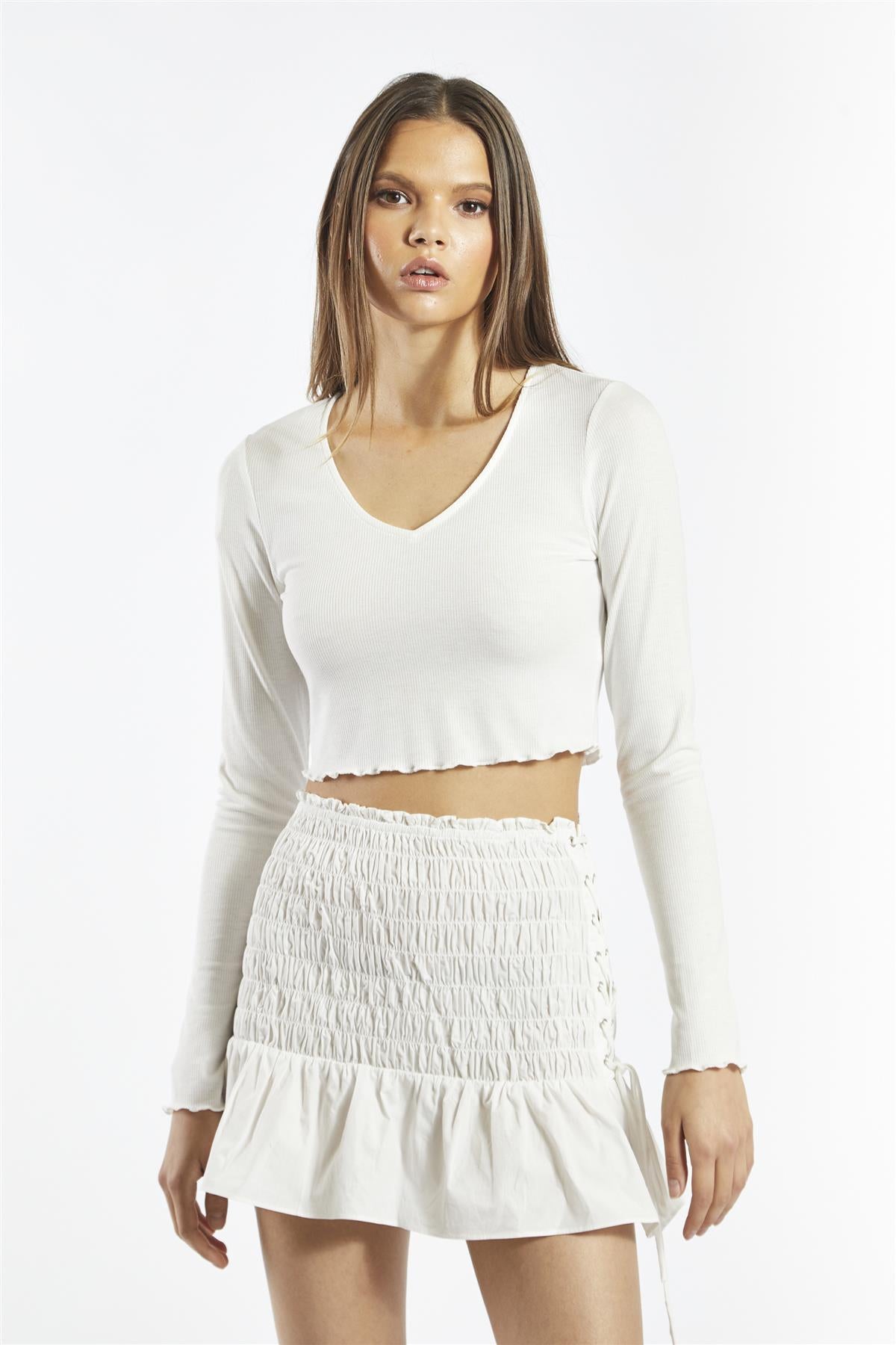 Smocked Lace-Up Mini Skirt - White