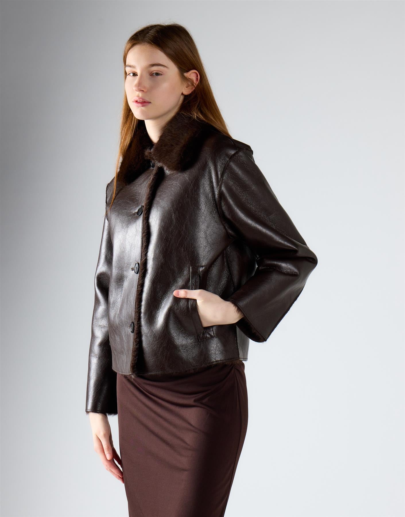 Deep Brown Fur-Collar Leather Jacket