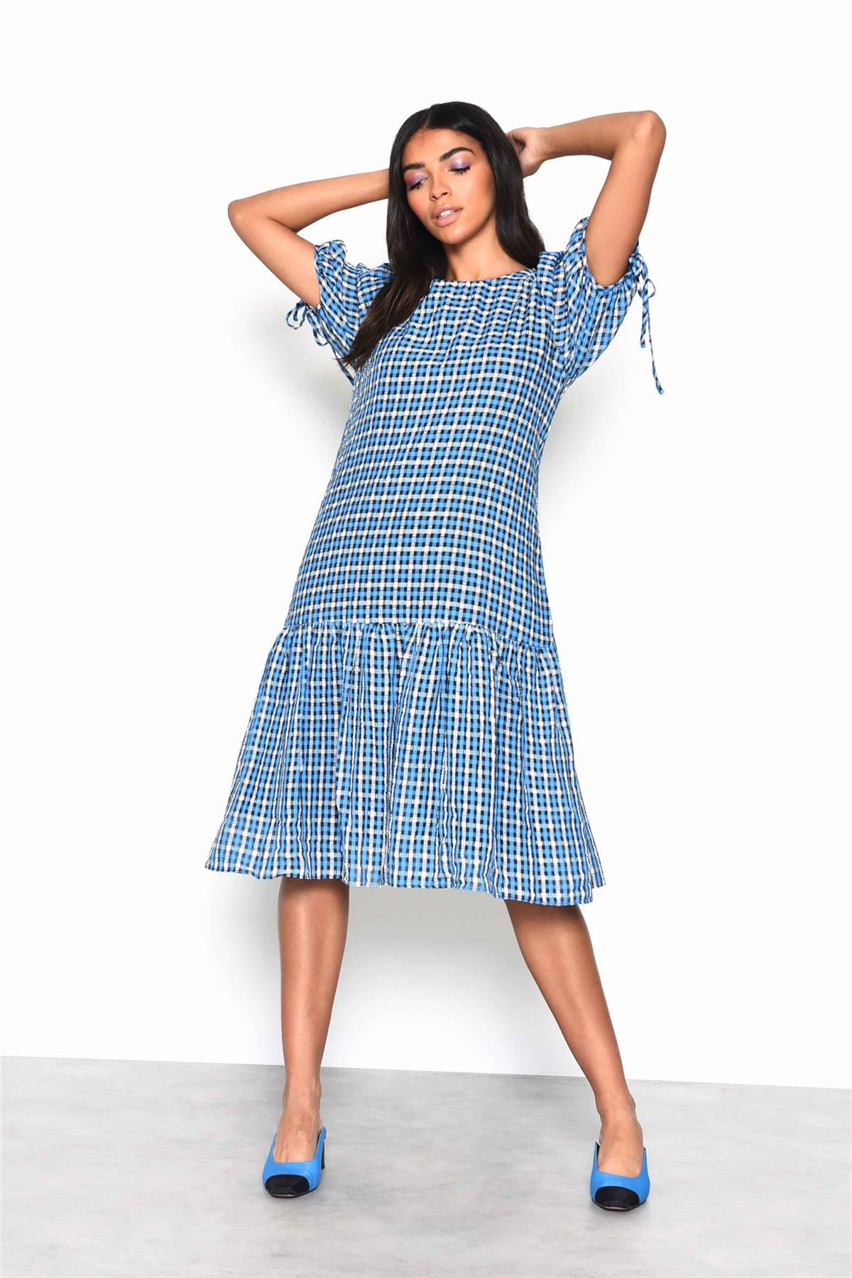 Blue Multi Check Tiered Midi Dress with Puff Sleeves and Tie Back Detail