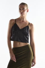 V-Neck Lace Trim Crop Top - Black