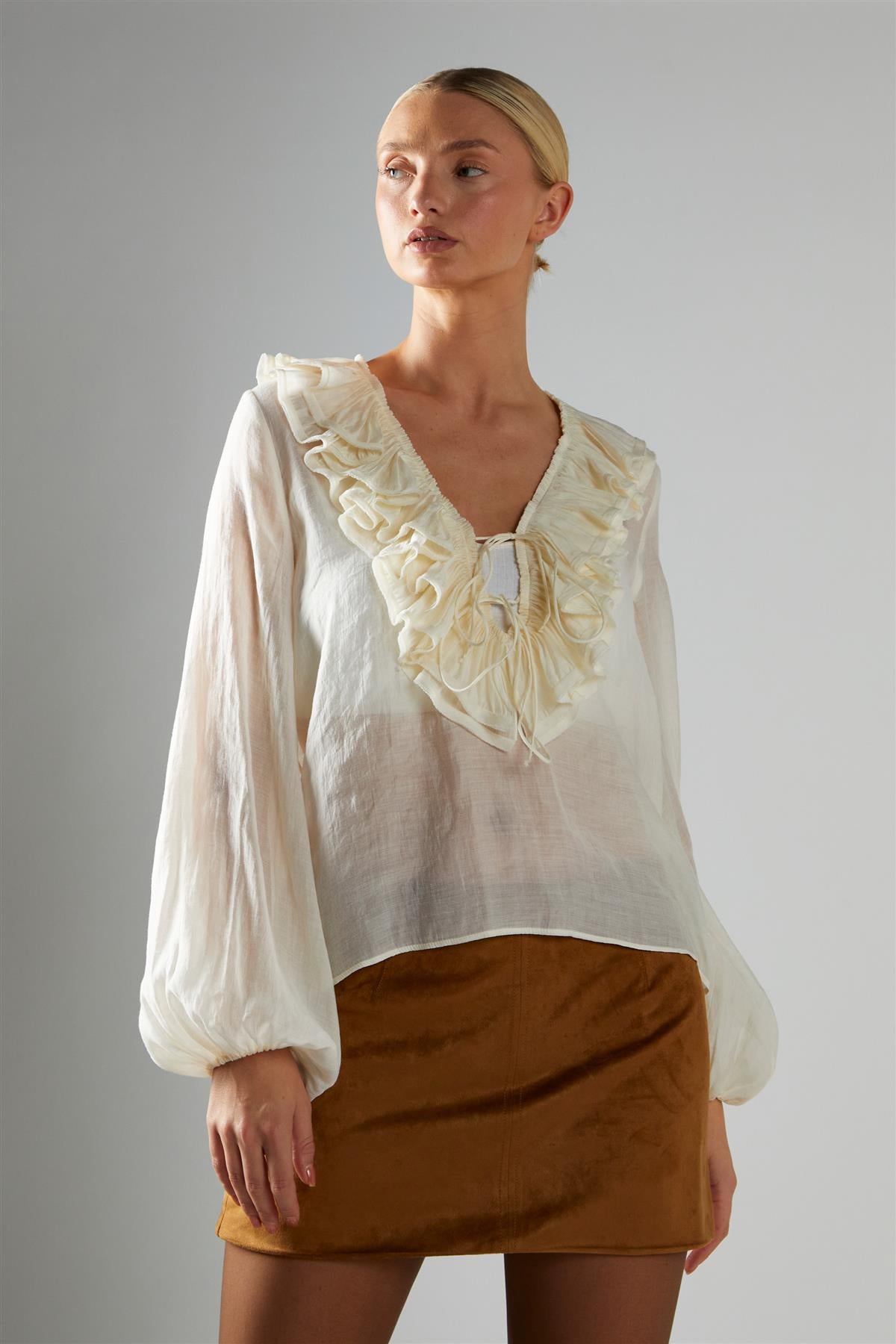Cream Ruffle-Neck Blouse