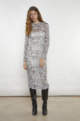 Grey-Snakeskin Mesh-Bodycon Midi-Dress