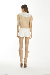 Ecru Raw-Hem High-Waisted-Shorts