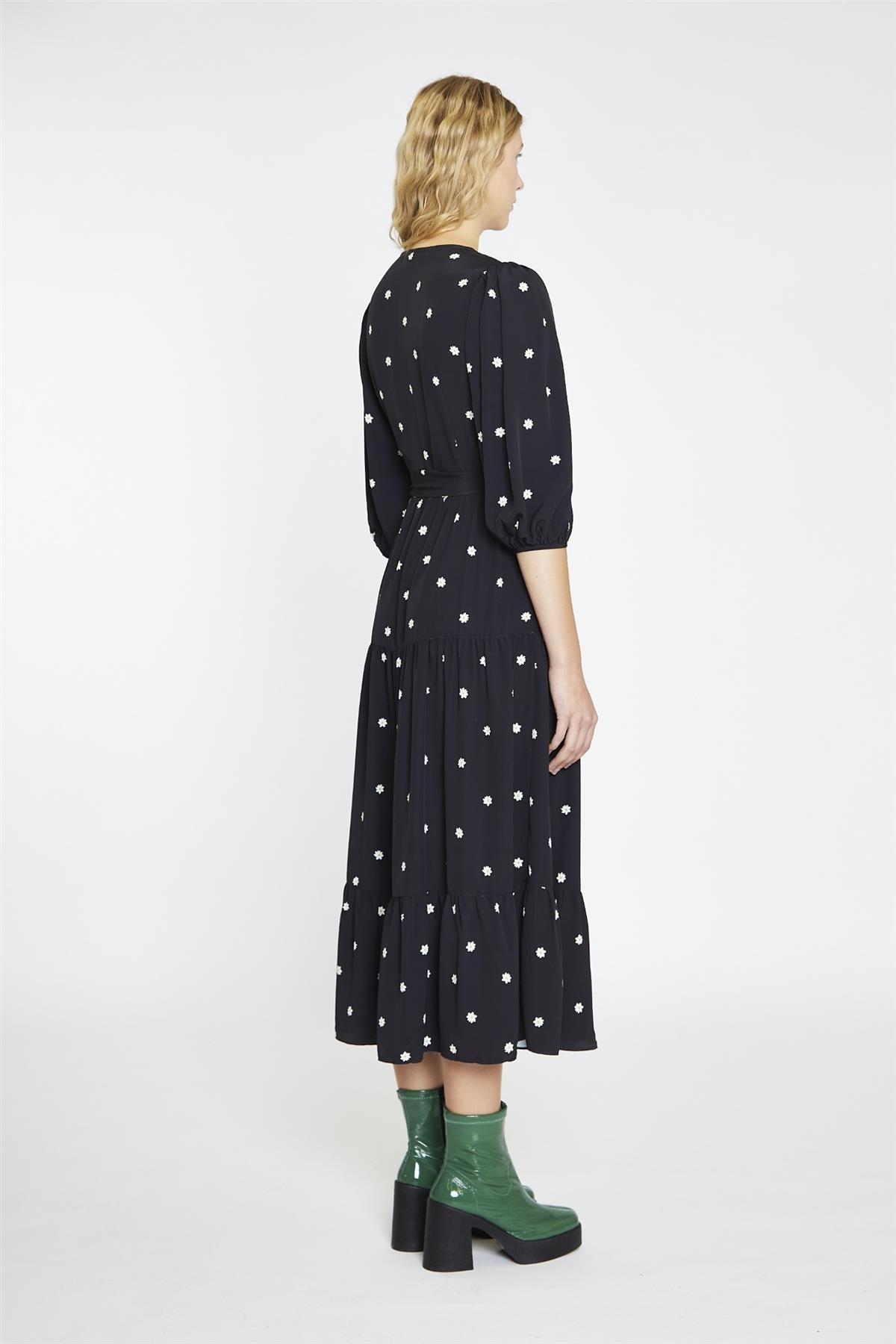 Black Daisy V-Neck Wrap Midi-Dress