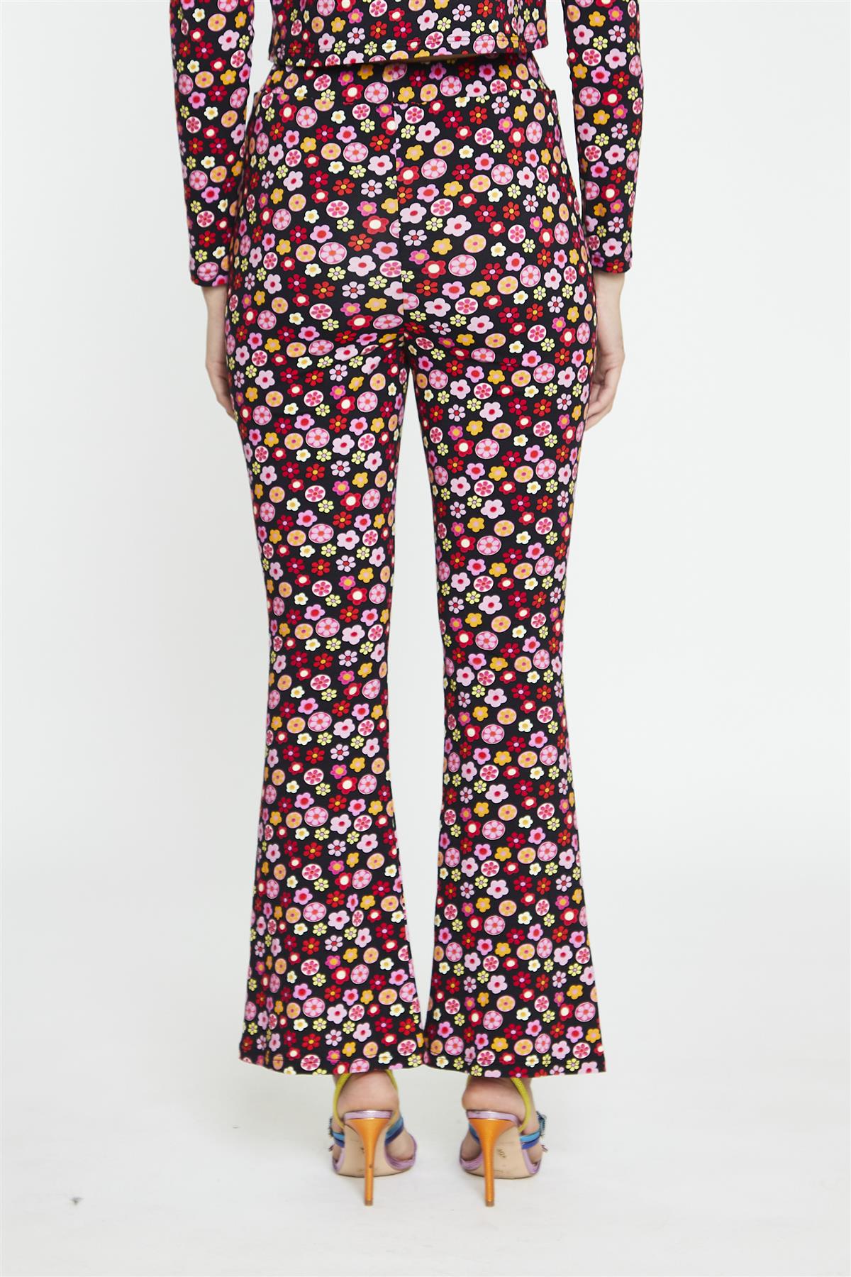 Black 60S Flower Split-Front Flared Trousers