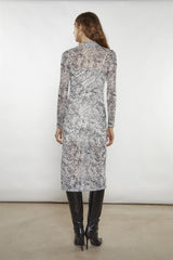 Grey-Snakeskin Mesh-Bodycon Midi-Dress