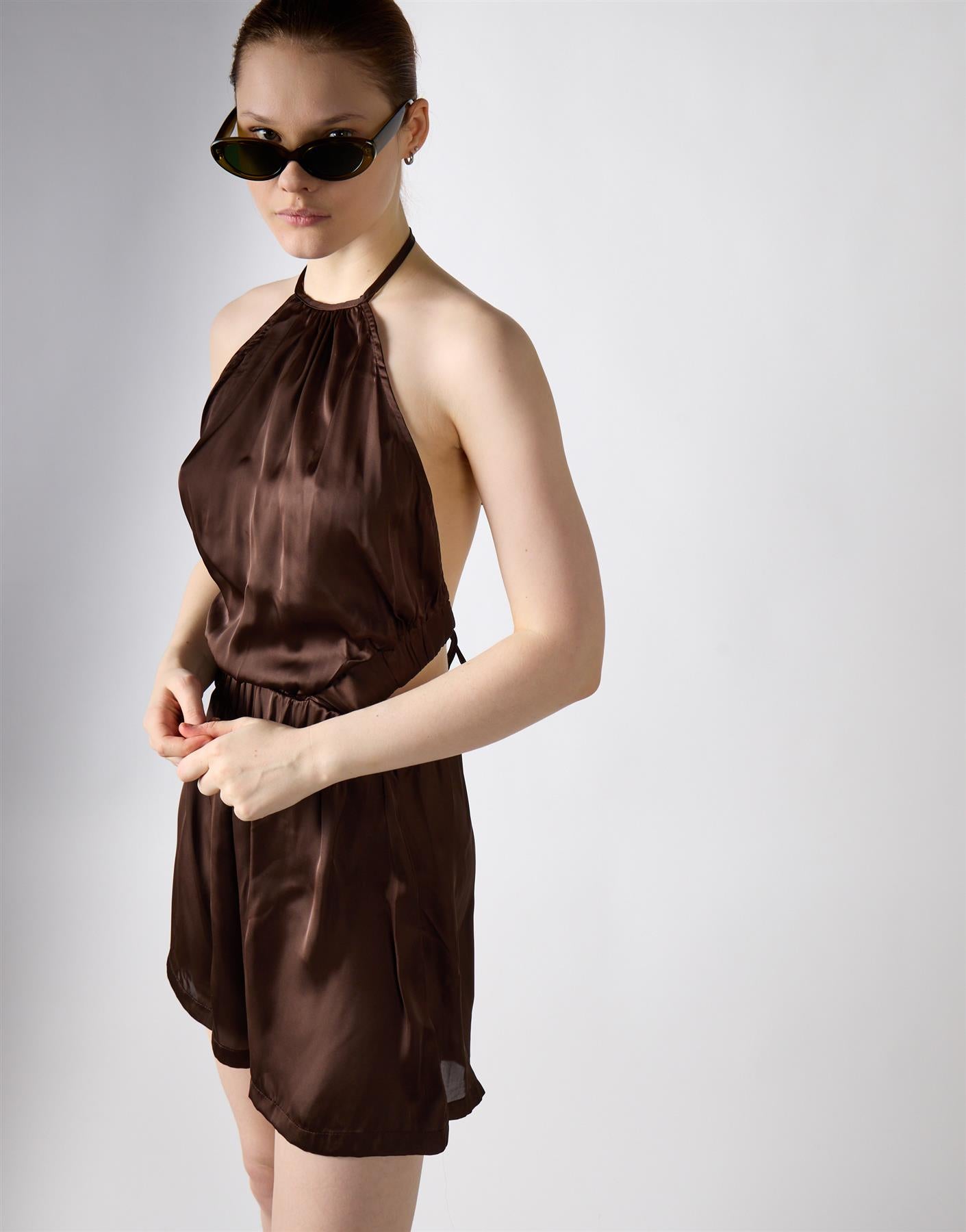 Open Tie Back Halter Playsuit - Brown