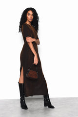 Round Neck Split Front Maxi Dress  in Black Bronze Lurex