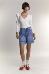 Off-White-Rib V-Neck Puff Shoulder-Bodysuit