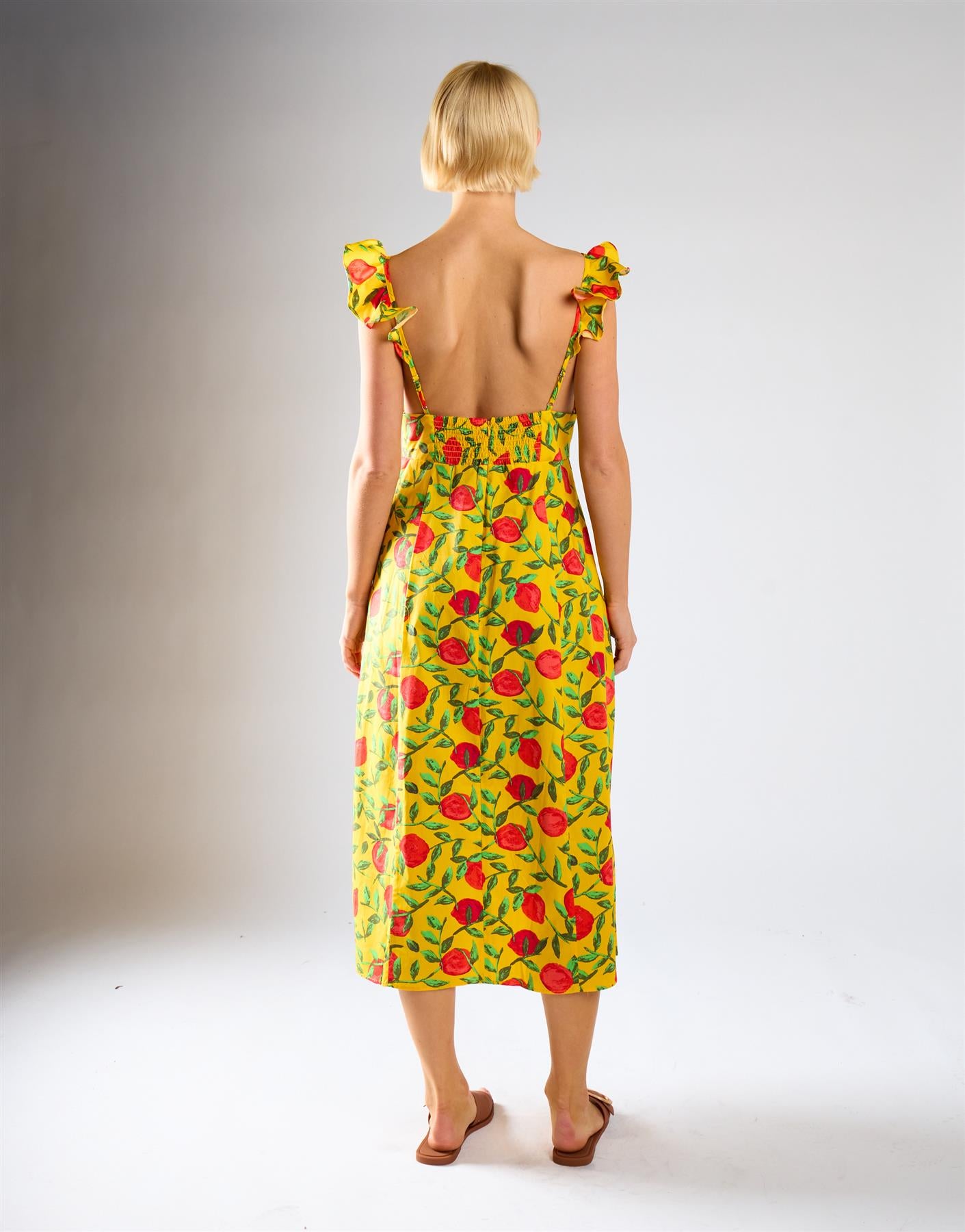 Yellow Red Fruit Frill Sleeve Midi Dress