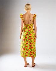 Yellow Red Fruit Frill Sleeve Midi Dress