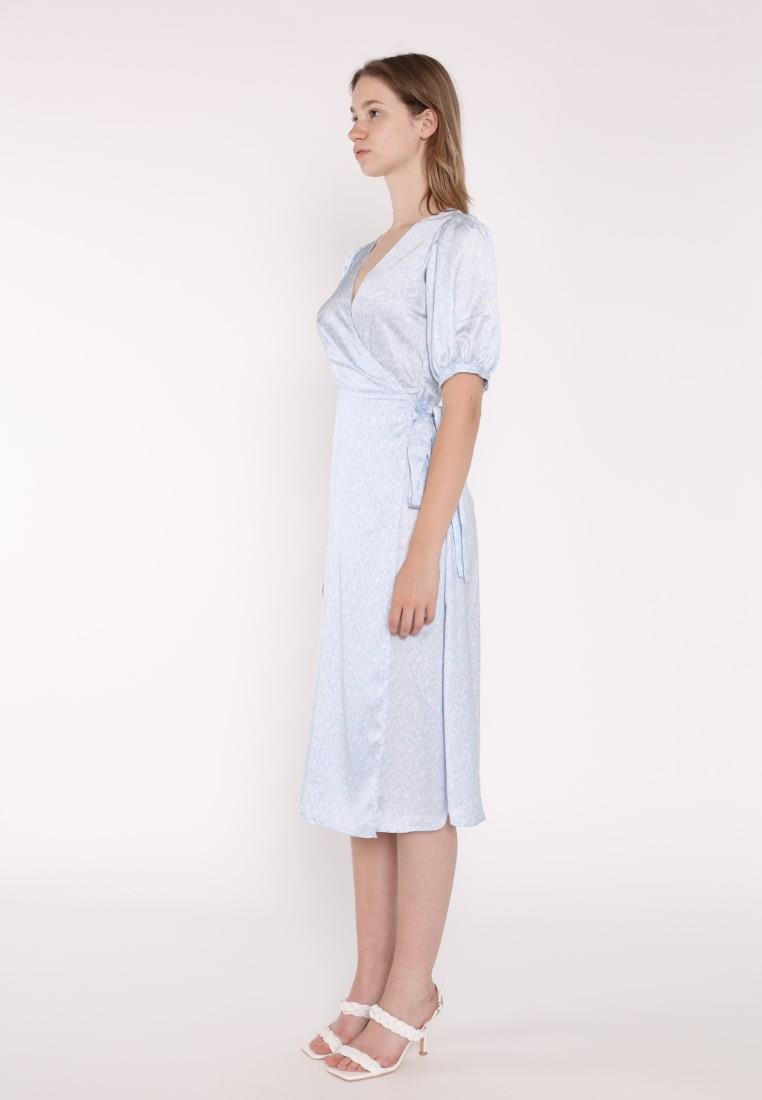 Pale Blue Ditsy Short Sleeve Wrap Midi Dress