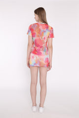 Multi Watercolour Flower Bodycon Cropped Tee